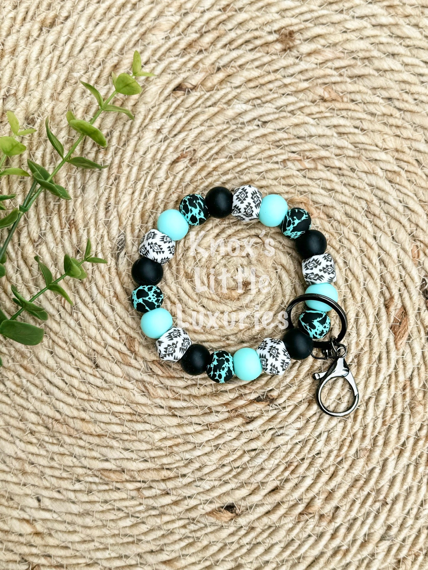 Aqua Aztec Cow Wristlet Keychain