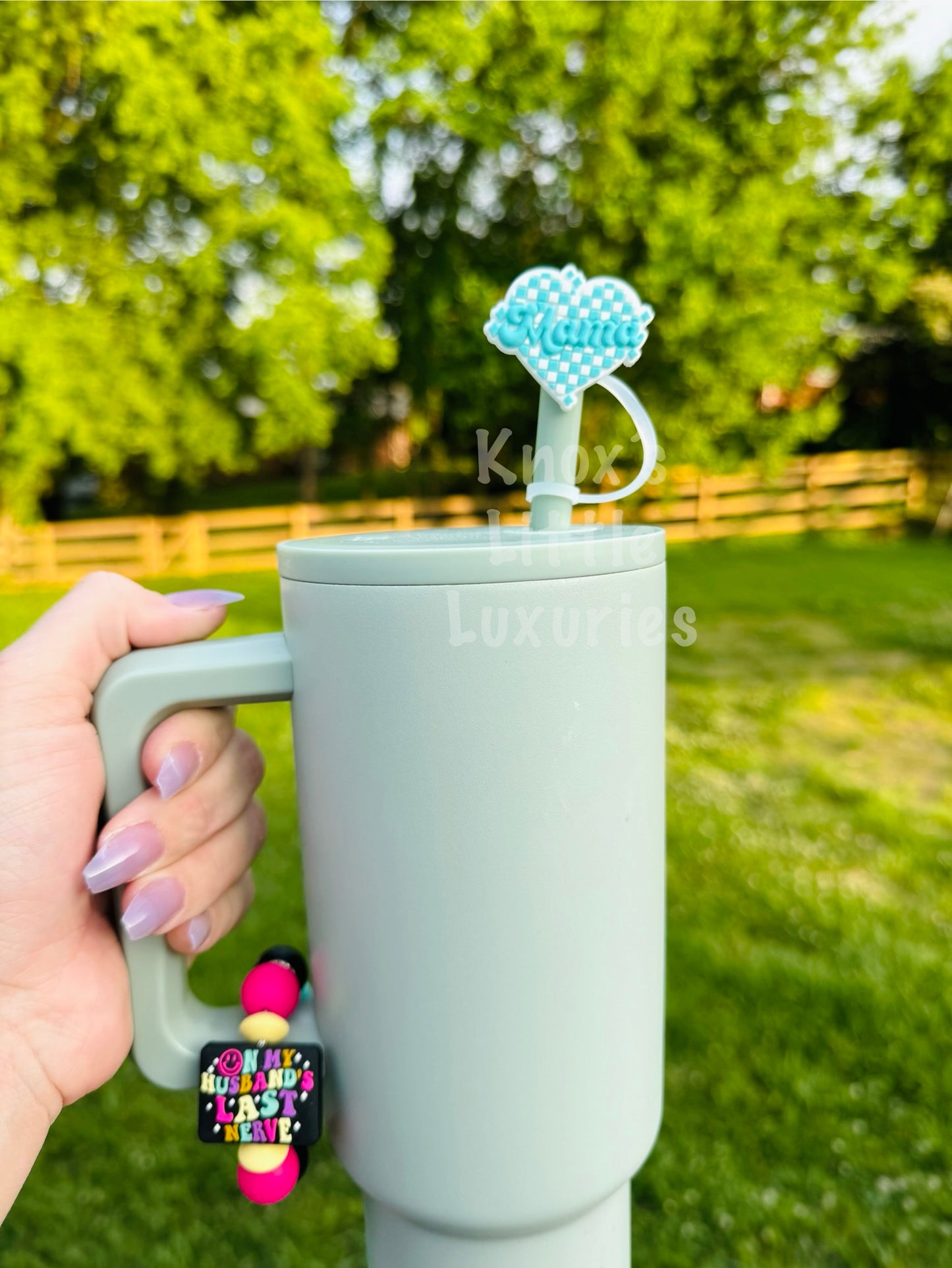 Blue Checkered MAMA Straw Topper