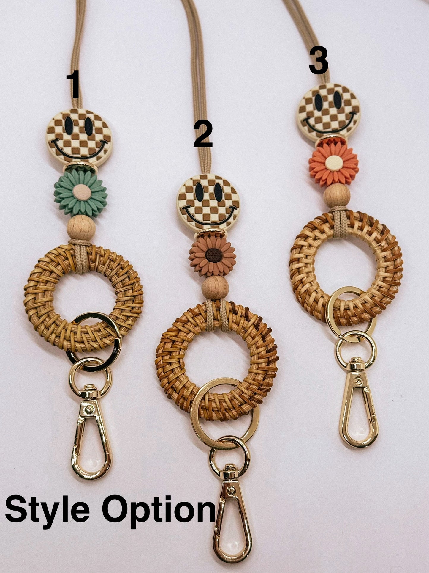 Checkered Happy Face Boho Rattan Lanyard