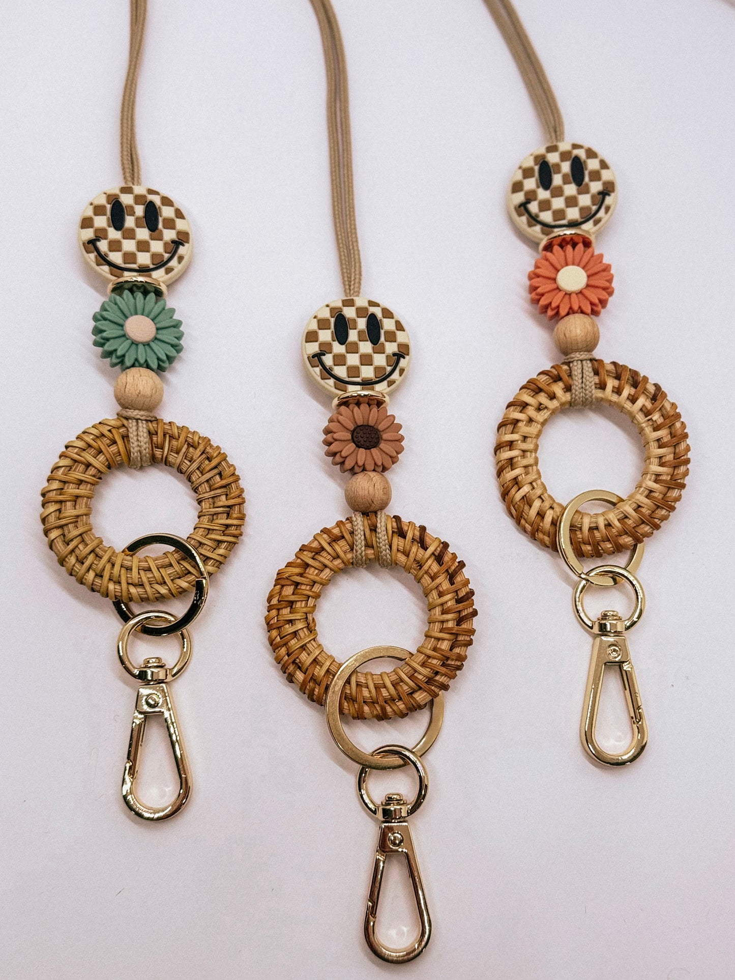 Checkered Happy Face Boho Rattan Lanyard