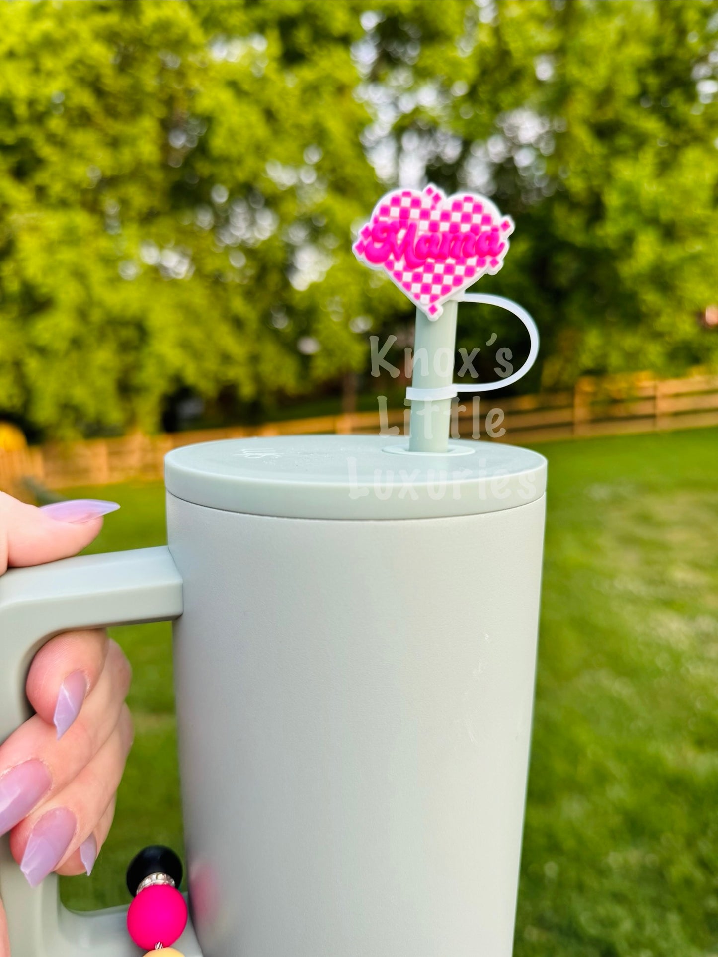 Hot Pink Checkered Heart MAMA straw Topper