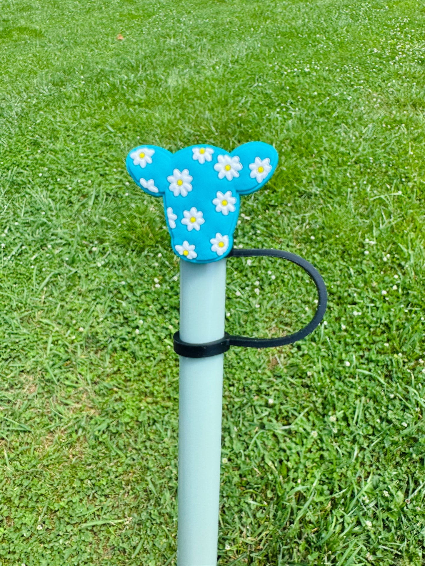 Teal Daisy Cow Straw Topper