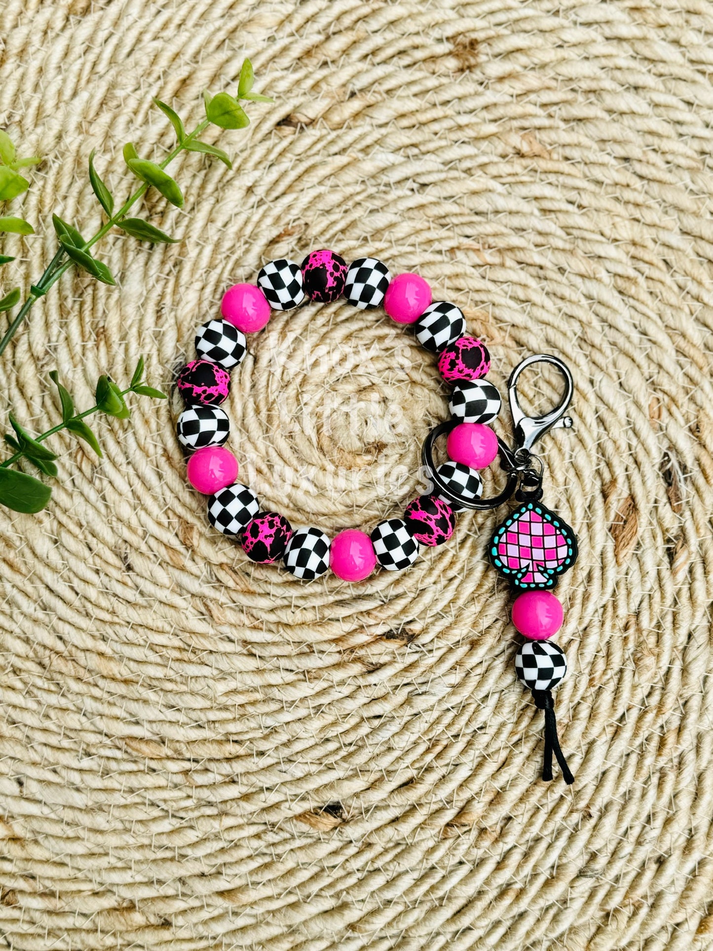 Pink Checkered Spade Wristlet Keychain