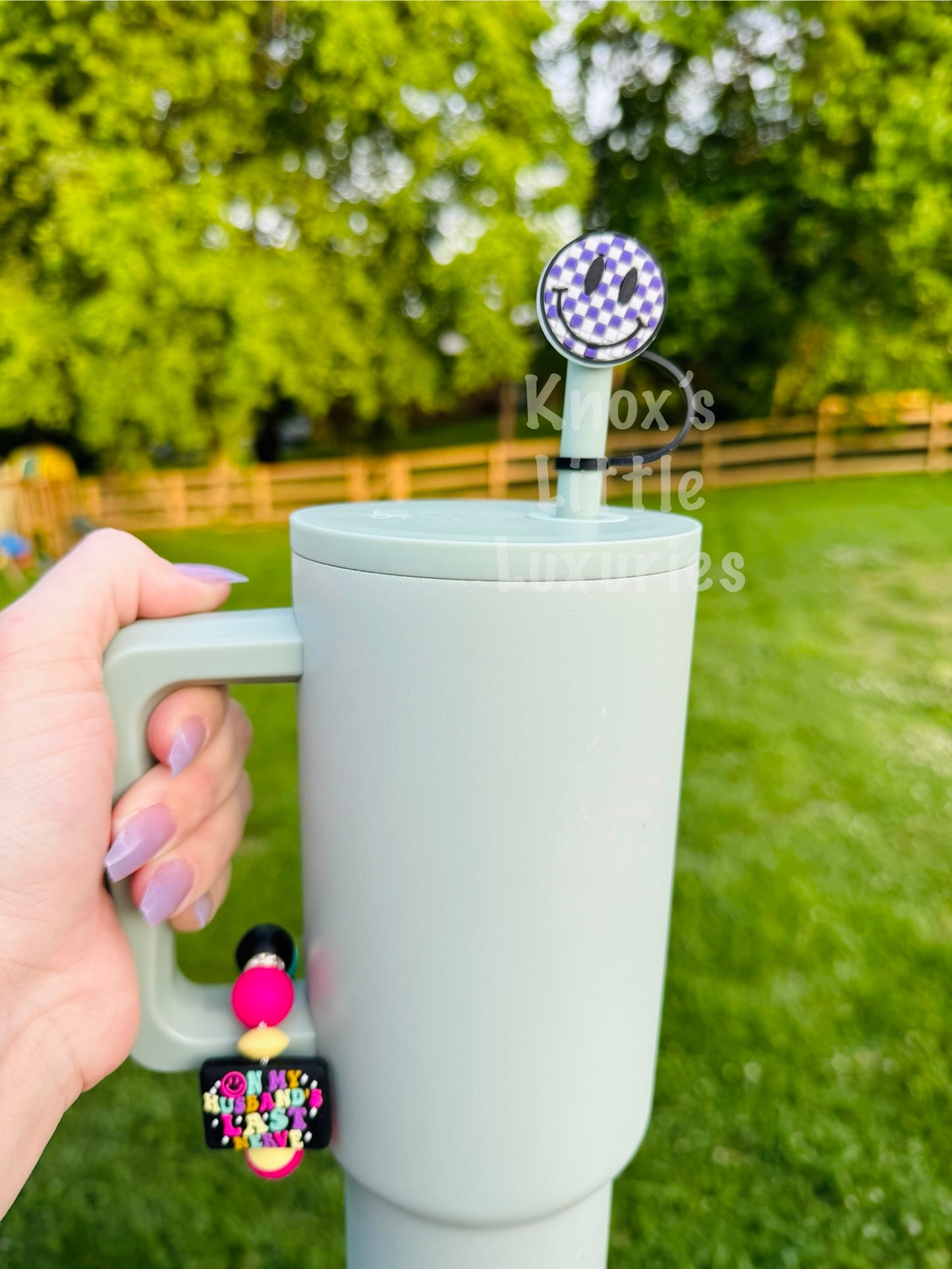 Purple Checkered Smiley Straw Topper