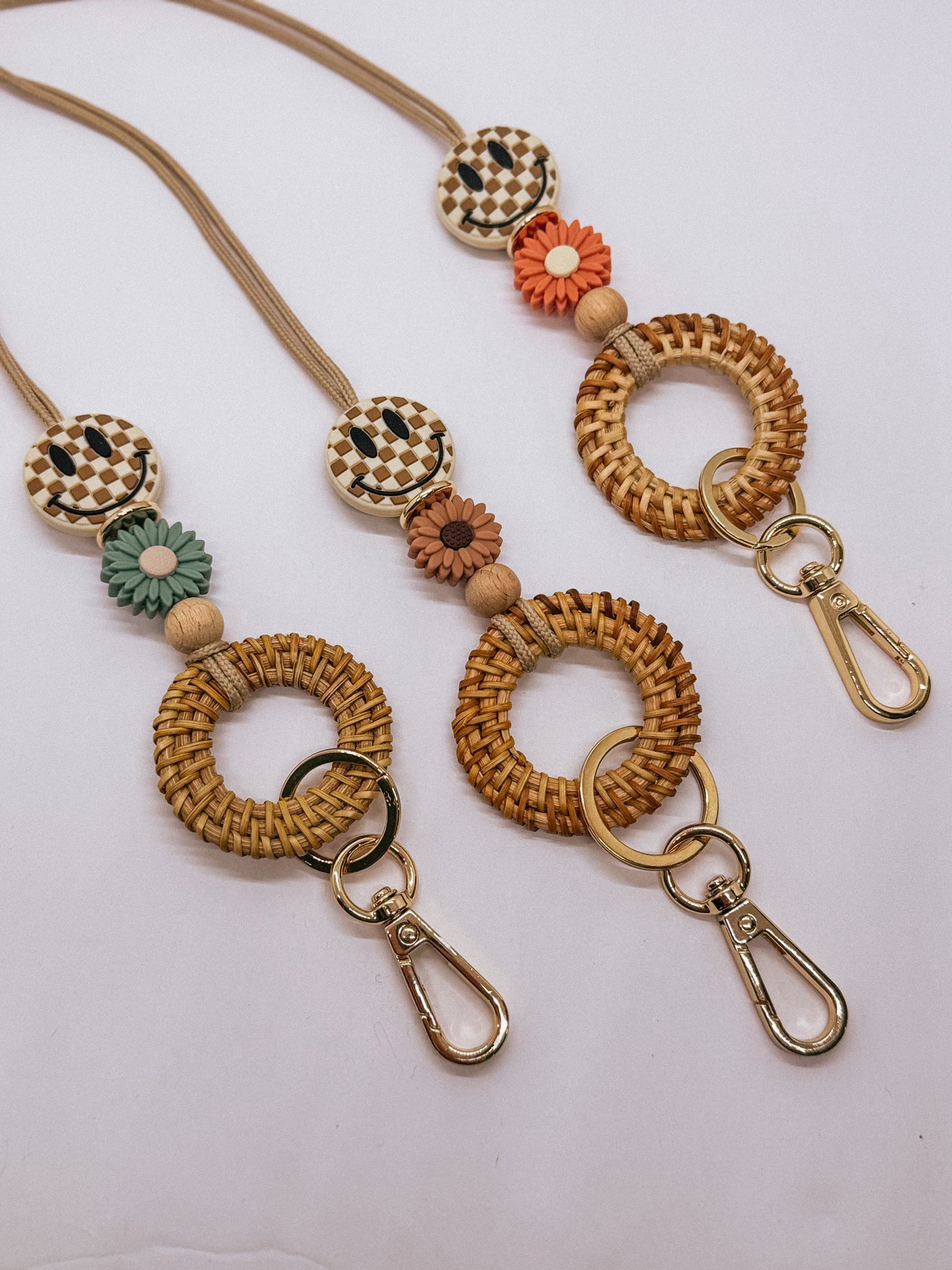 Checkered Happy Face Boho Rattan Lanyard