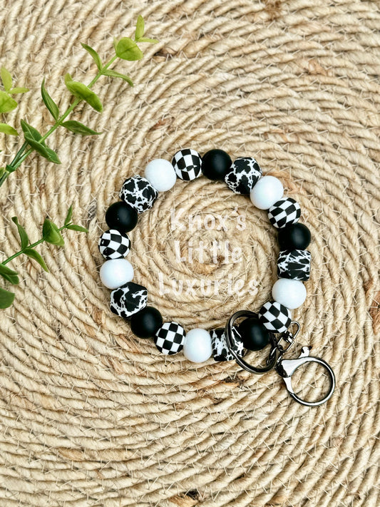 Black & White Checkered Cow Wristlet Keychain
