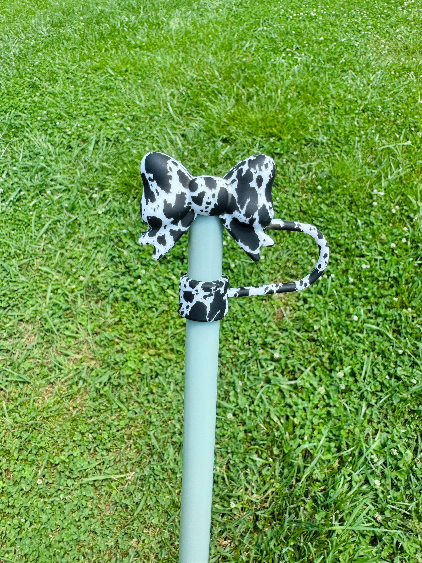 Black/White Cow Print Bow Straw Topper