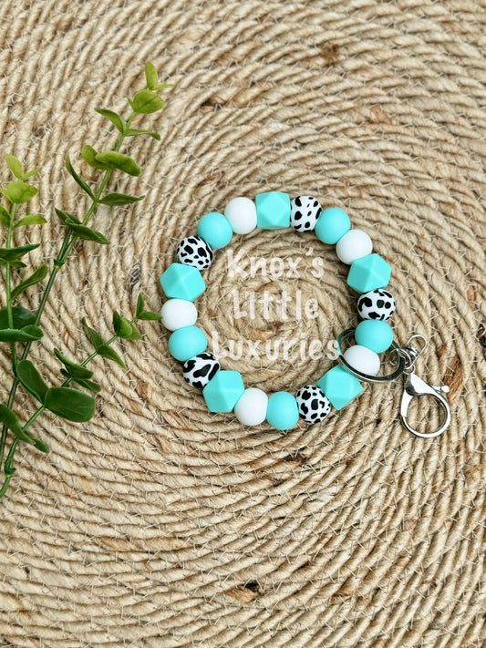 Aqua Cow Wristlet Keychain