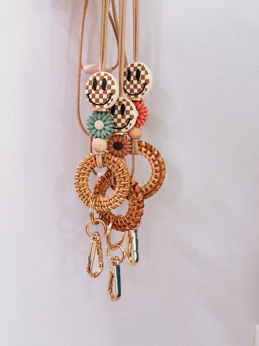 Checkered Happy Face Boho Rattan Lanyard